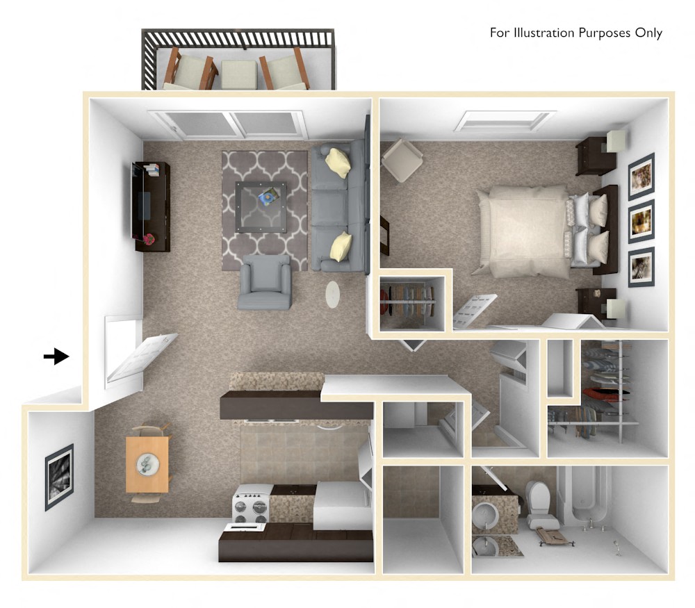 Floor plan for 1 bed, 1 bath, 700 sqft